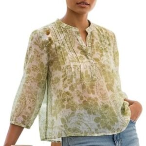 Chicos Sheer Blouse Top Womens Size‎ 3 XL Green Floral Henley Button